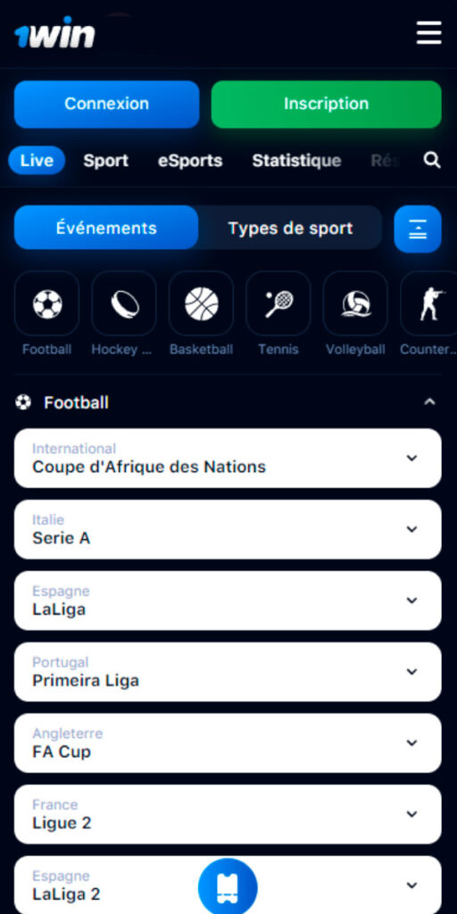 Capture d'écran 1win sur le sport