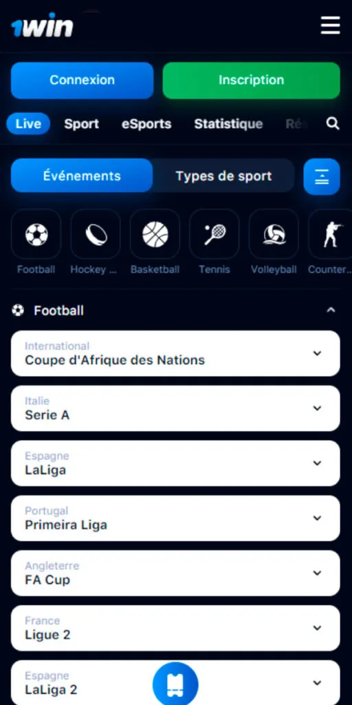 Capture d'écran 1win sur le sport